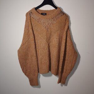 Cable Knit Crew Neck Puff Sleeves Lace Sweater Wool Blend Size XL Caramel Brown